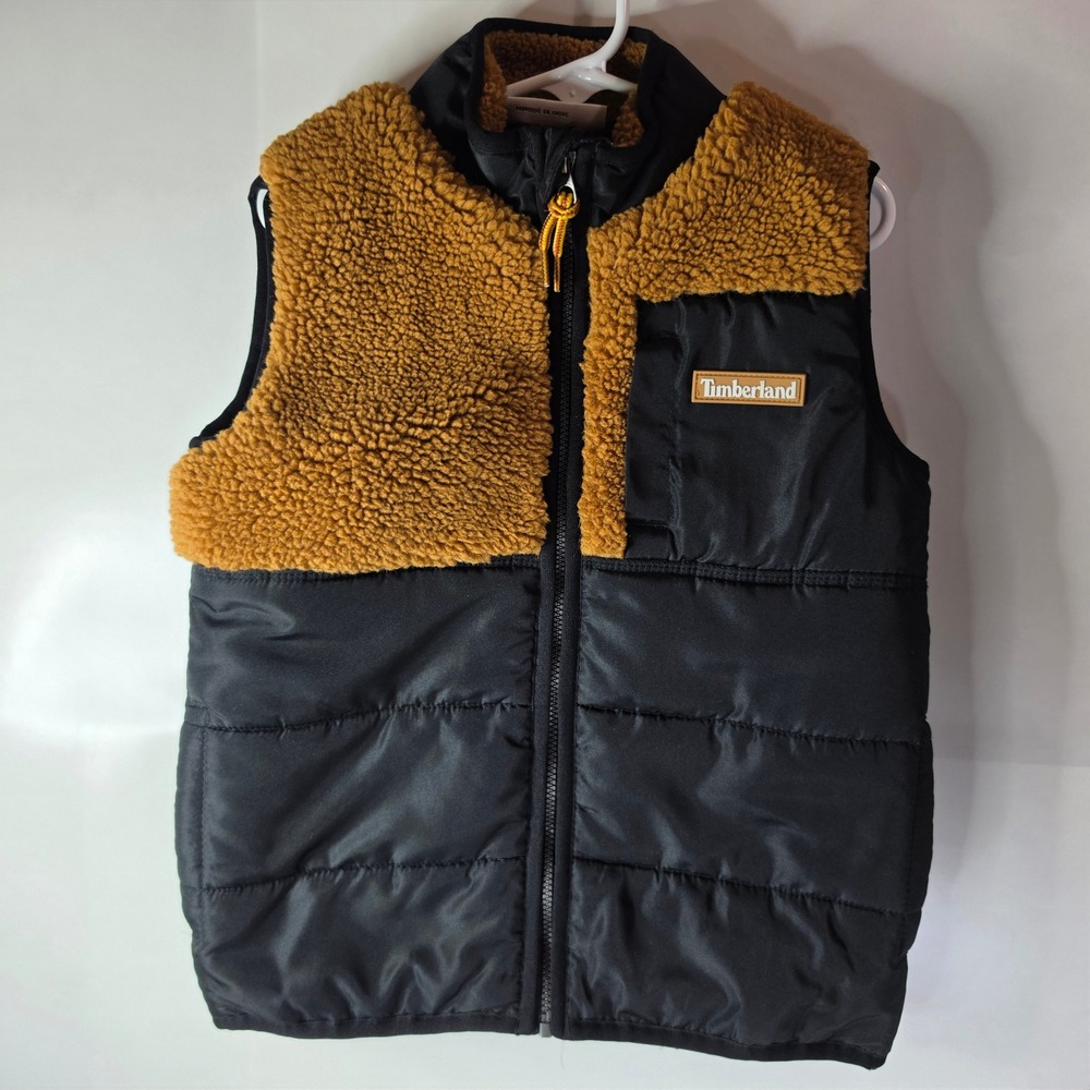 Timberland Toddler Boys 4T Puffer Vest Sherpa Fleece Black Wheat Full Zip